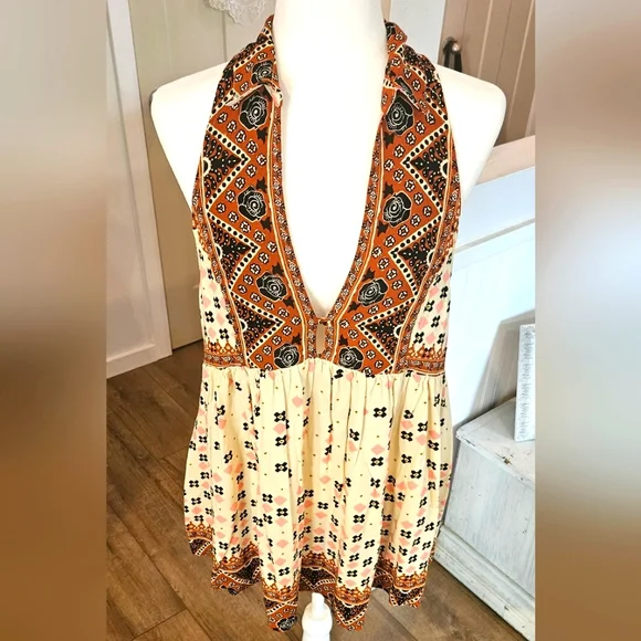 NWOT'S! FREE PEOPLE - Brown and Cream Print Collared Dress - Size L